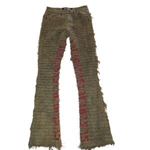 VALABASAS Mens Olive Stacked Shredded Flare Jeans Embroidered Logo Size 30